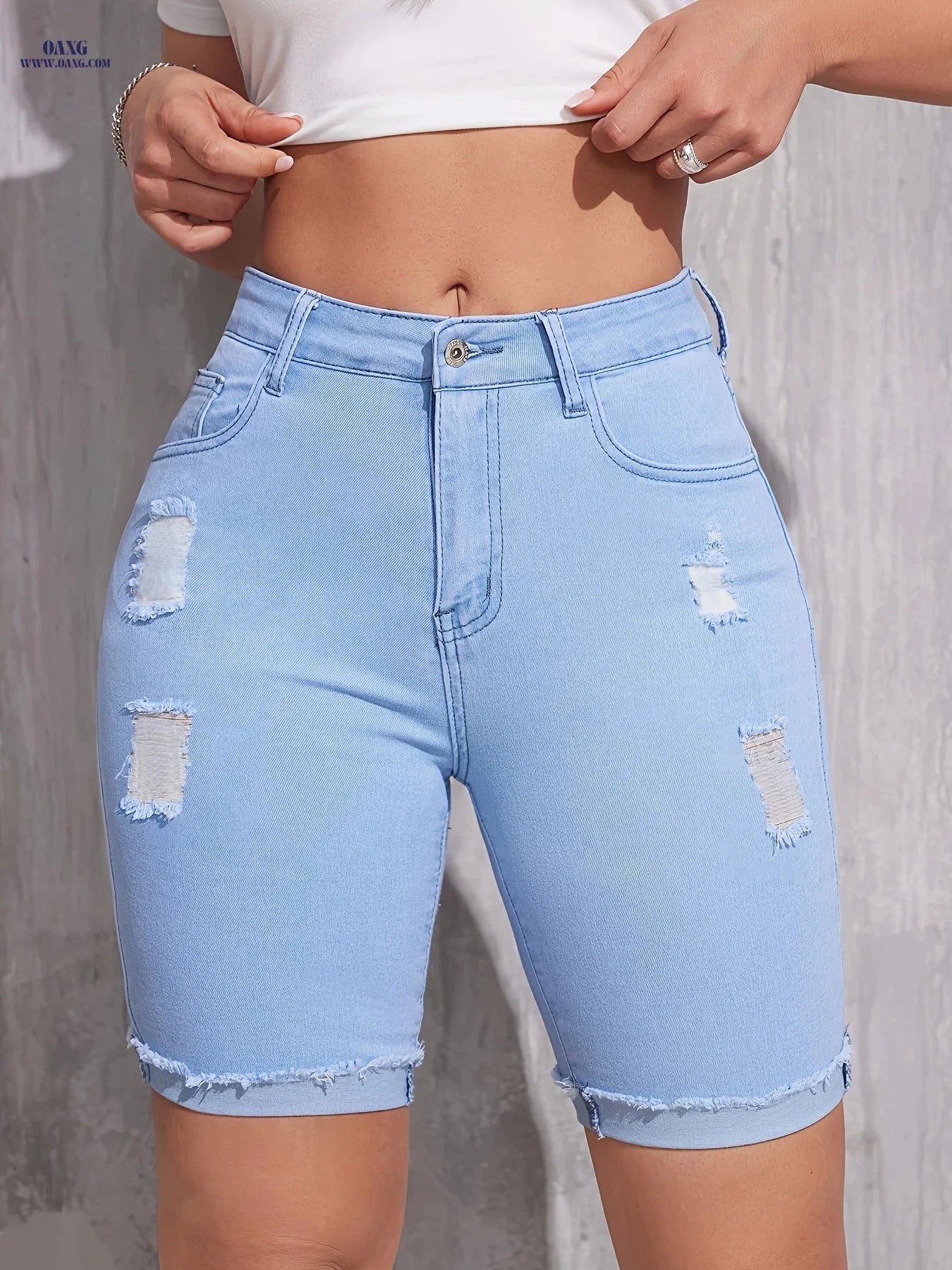Women's Ripped Denim Shorts - Medium Stretch, Regular Fit for Spring/Summer   OAXG 
