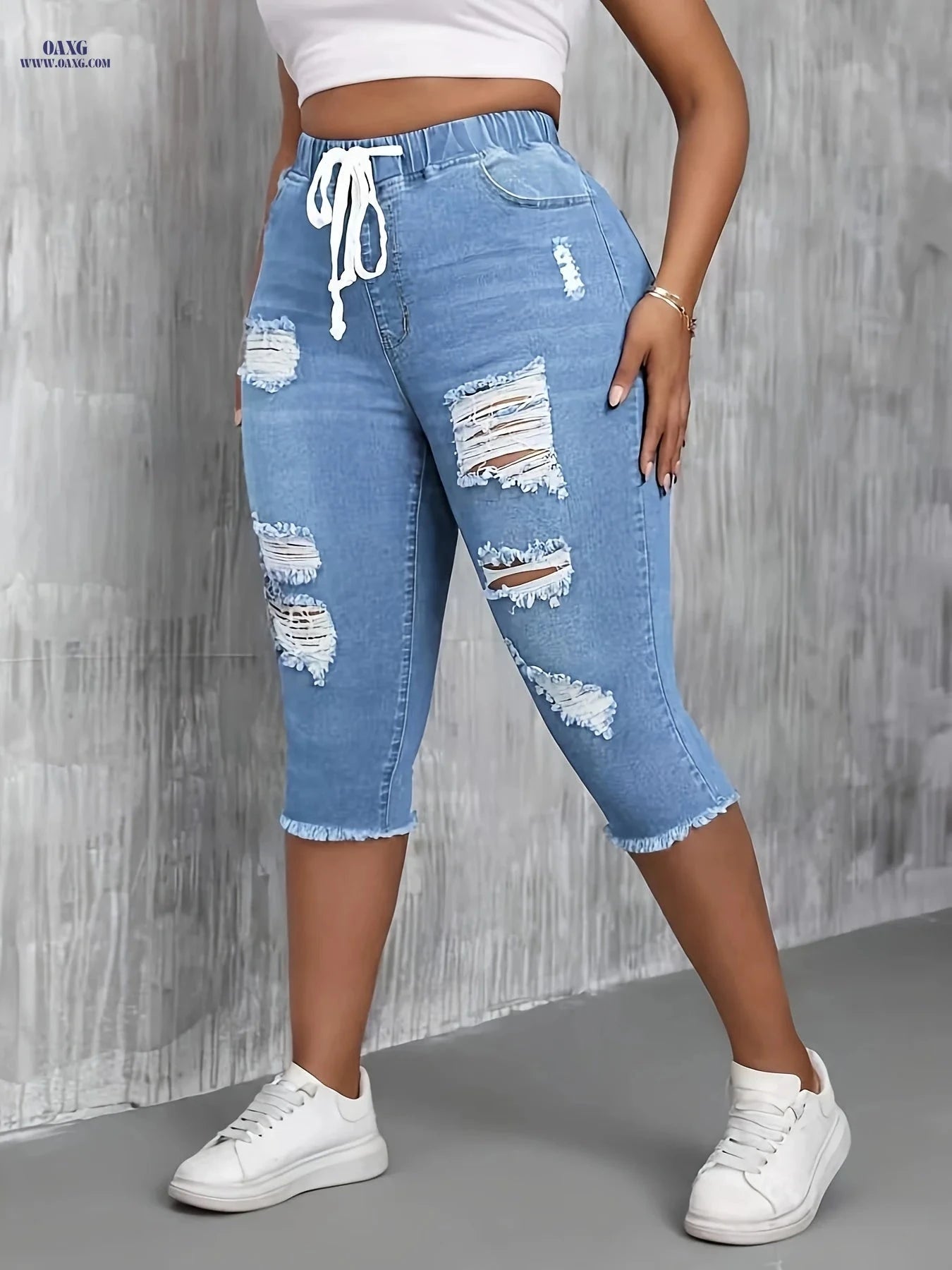 Women's Ripped Denim Shorts - Stretchy Elastic Waist for Comfort   OAXG 