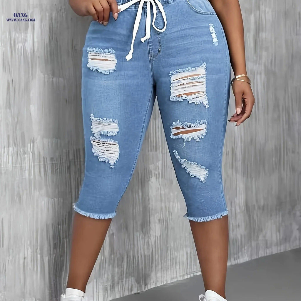 Women's Ripped Denim Shorts - Stretchy Elastic Waist for Comfort   OAXG 