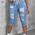 Women's Ripped Denim Shorts - Stretchy Elastic Waist for Comfort   OAXG 