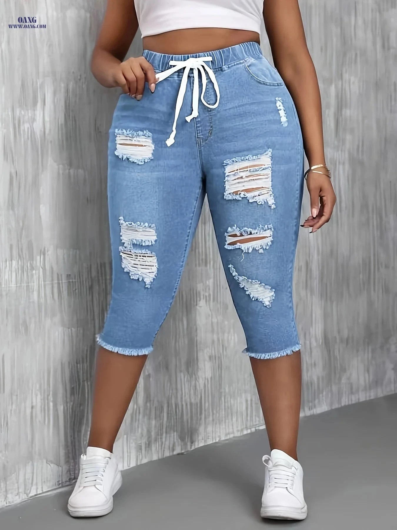 Women's Ripped Denim Shorts - Stretchy Elastic Waist for Comfort   OAXG 