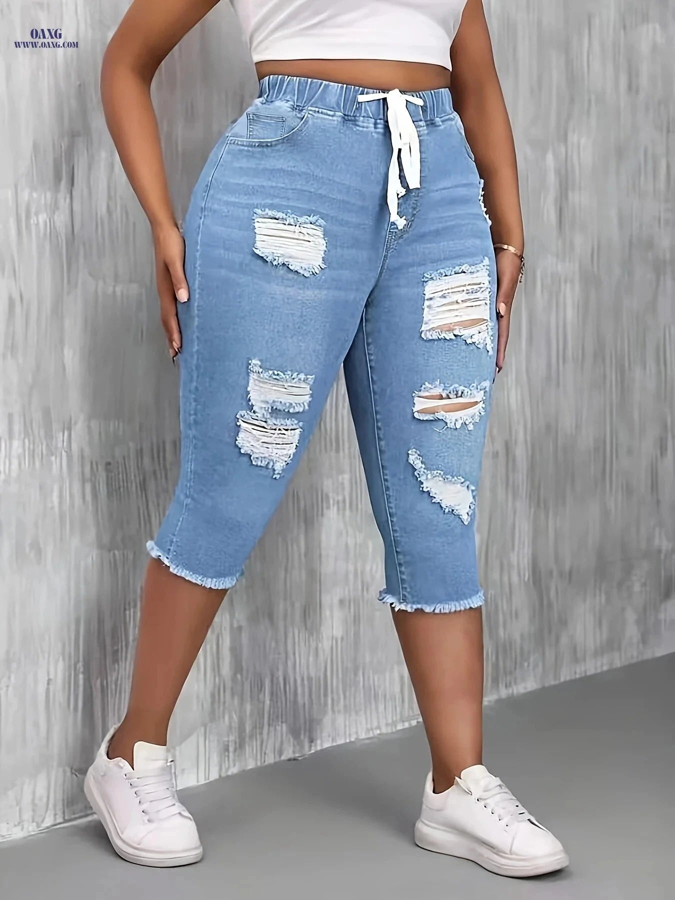 Women's Ripped Denim Shorts - Stretchy Elastic Waist for Comfort   OAXG 