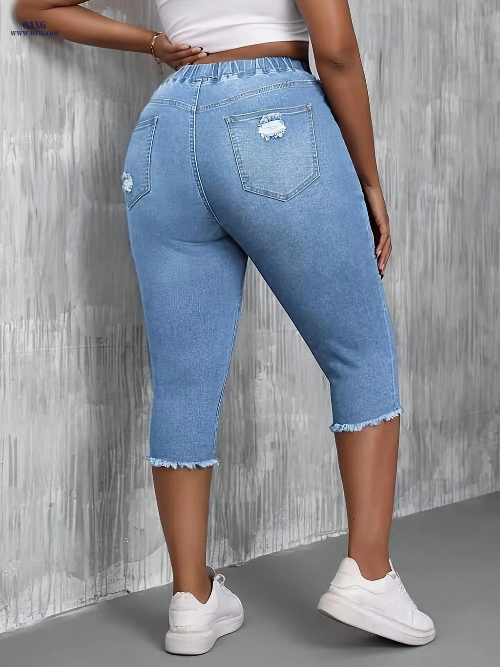 Women's Ripped Denim Shorts - Stretchy Elastic Waist for Comfort   OAXG 