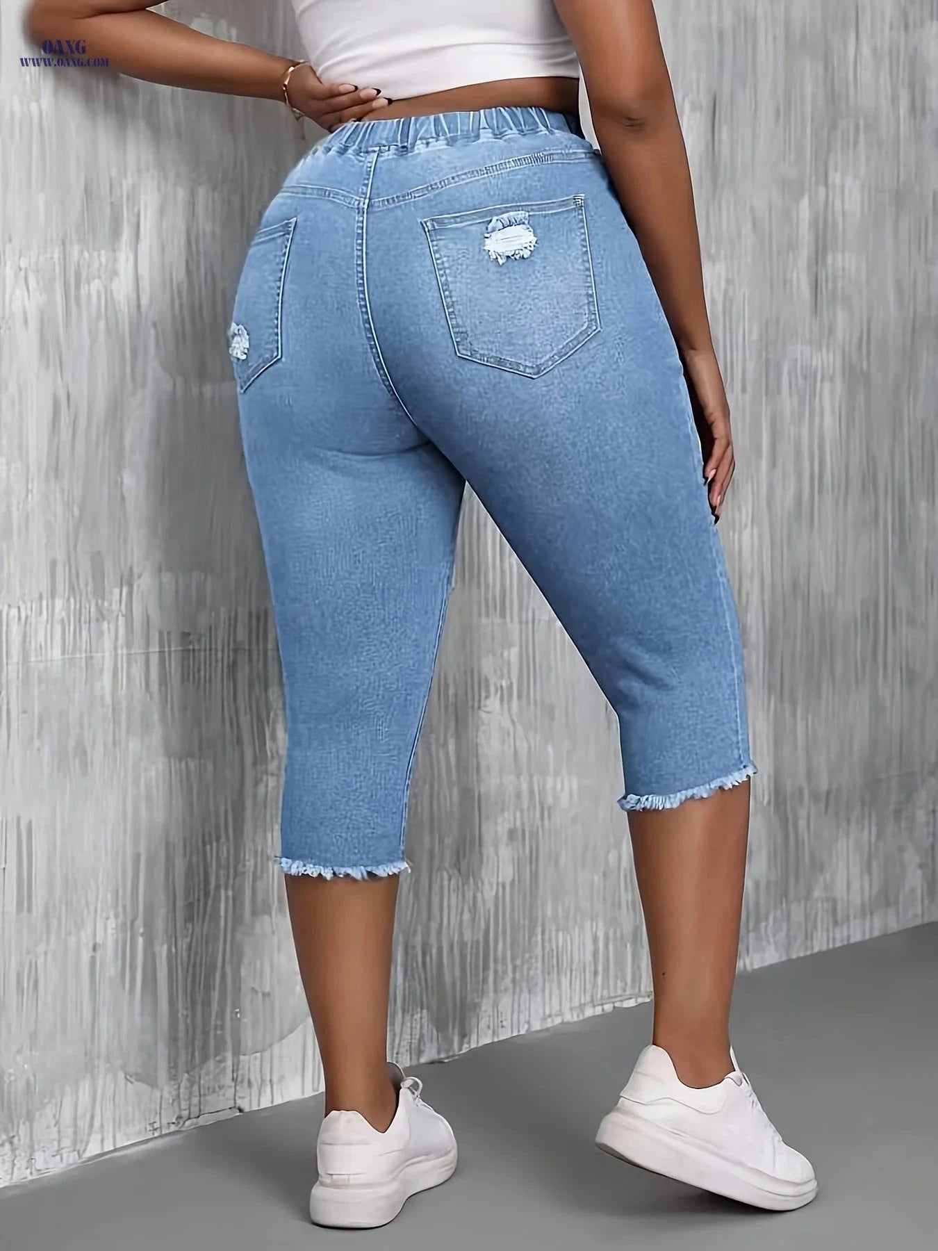 Women's Ripped Denim Shorts - Stretchy Elastic Waist for Comfort   OAXG 