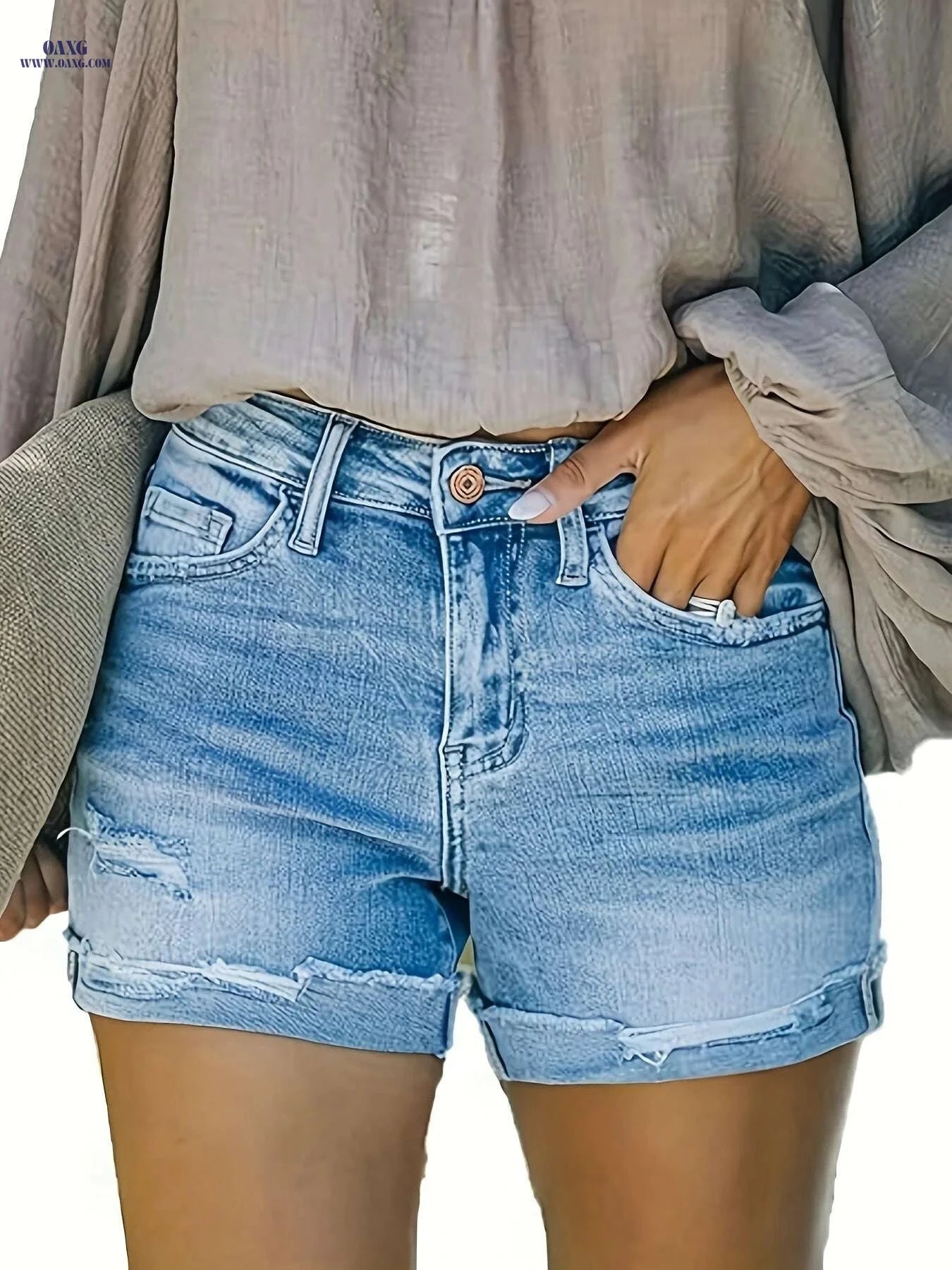 Women's Ripped Distressed Jean Shorts - Mid-Rise Frayed Hem   OAXG 
