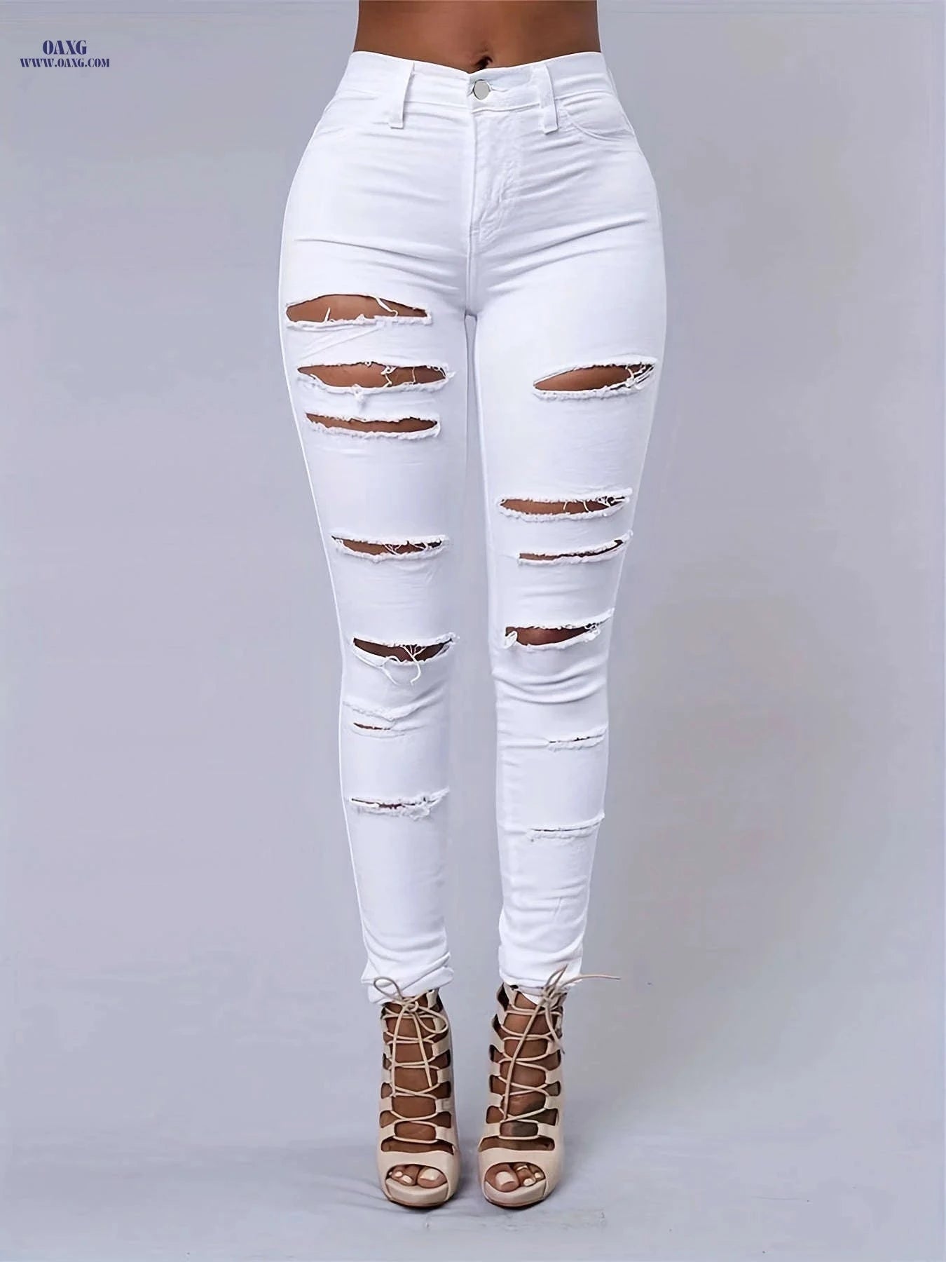 Women's Ripped High Stretch Distressed Jeans - Zipper Closure, Slim Fit   OAXG 
