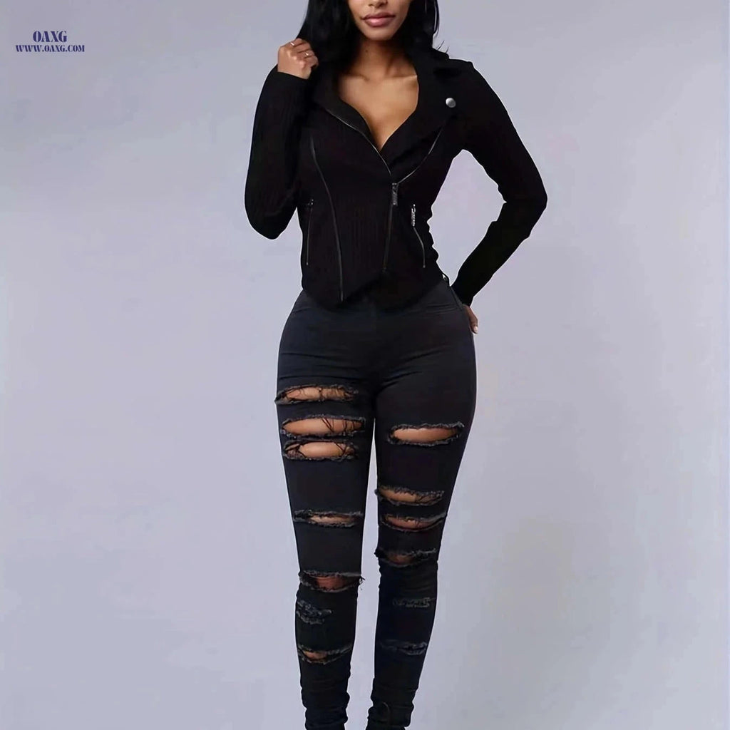 Women's Ripped High Stretch Distressed Jeans - Zipper Closure, Slim Fit   OAXG Black / XS