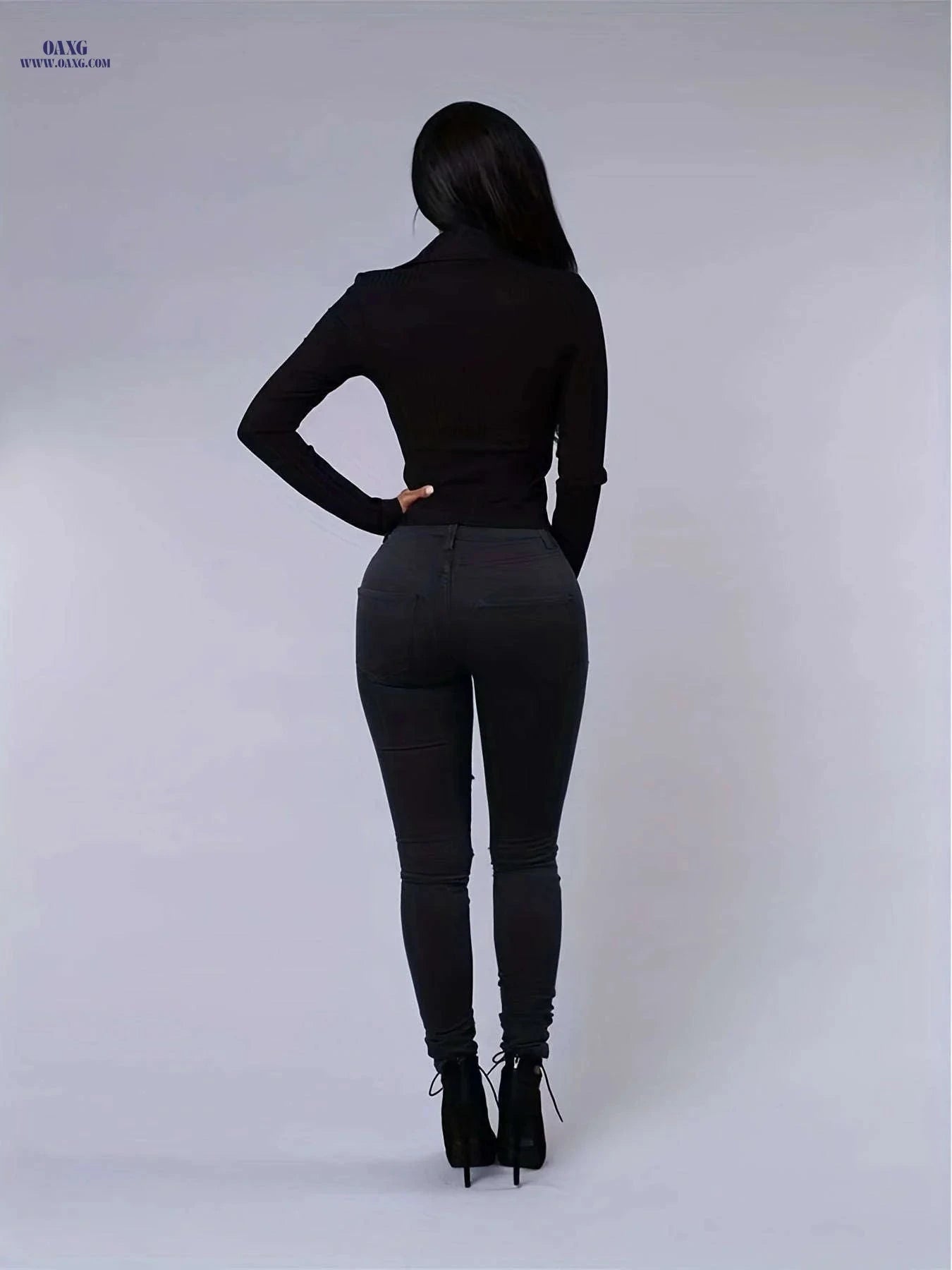 Women's Ripped High Stretch Distressed Jeans - Zipper Closure, Slim Fit   OAXG Black / XS