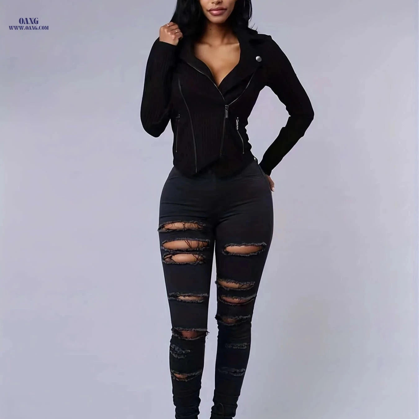 Women's Ripped High Stretch Distressed Jeans - Zipper Closure, Slim Fit   OAXG Black / XS