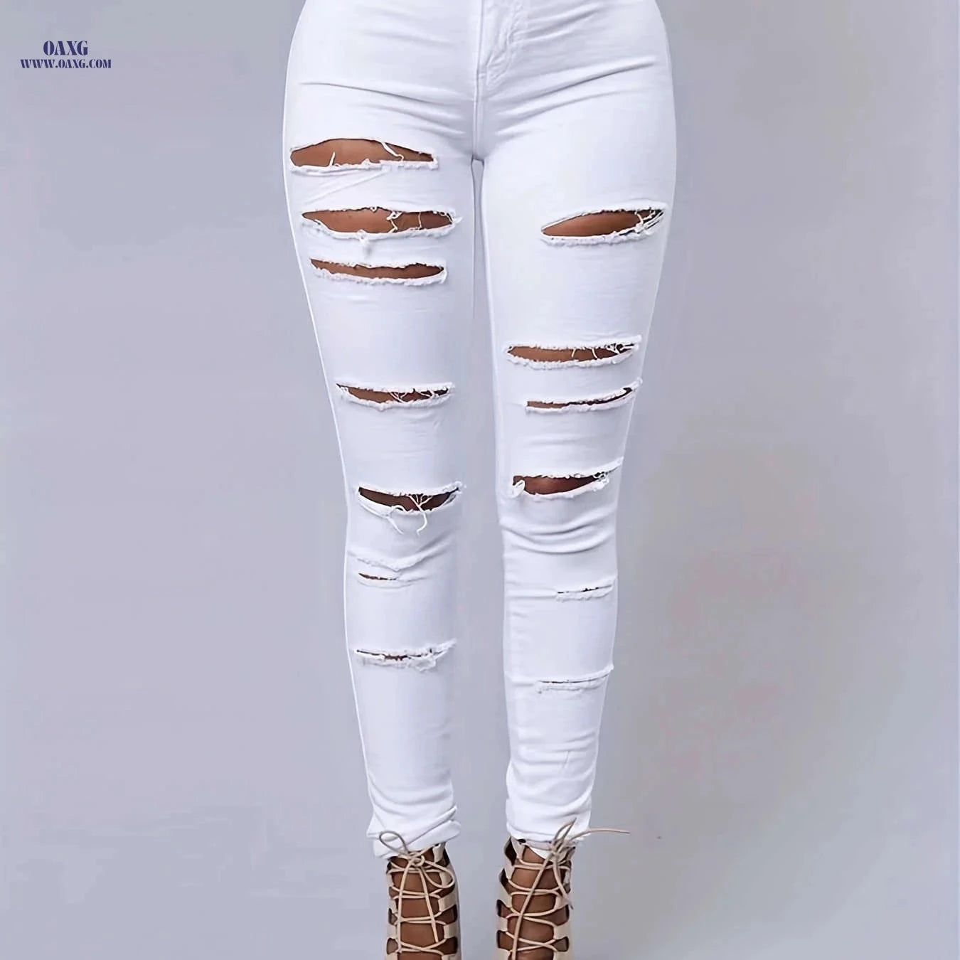 Women's Ripped High Stretch Distressed Jeans - Zipper Closure, Slim Fit   OAXG Black / XS