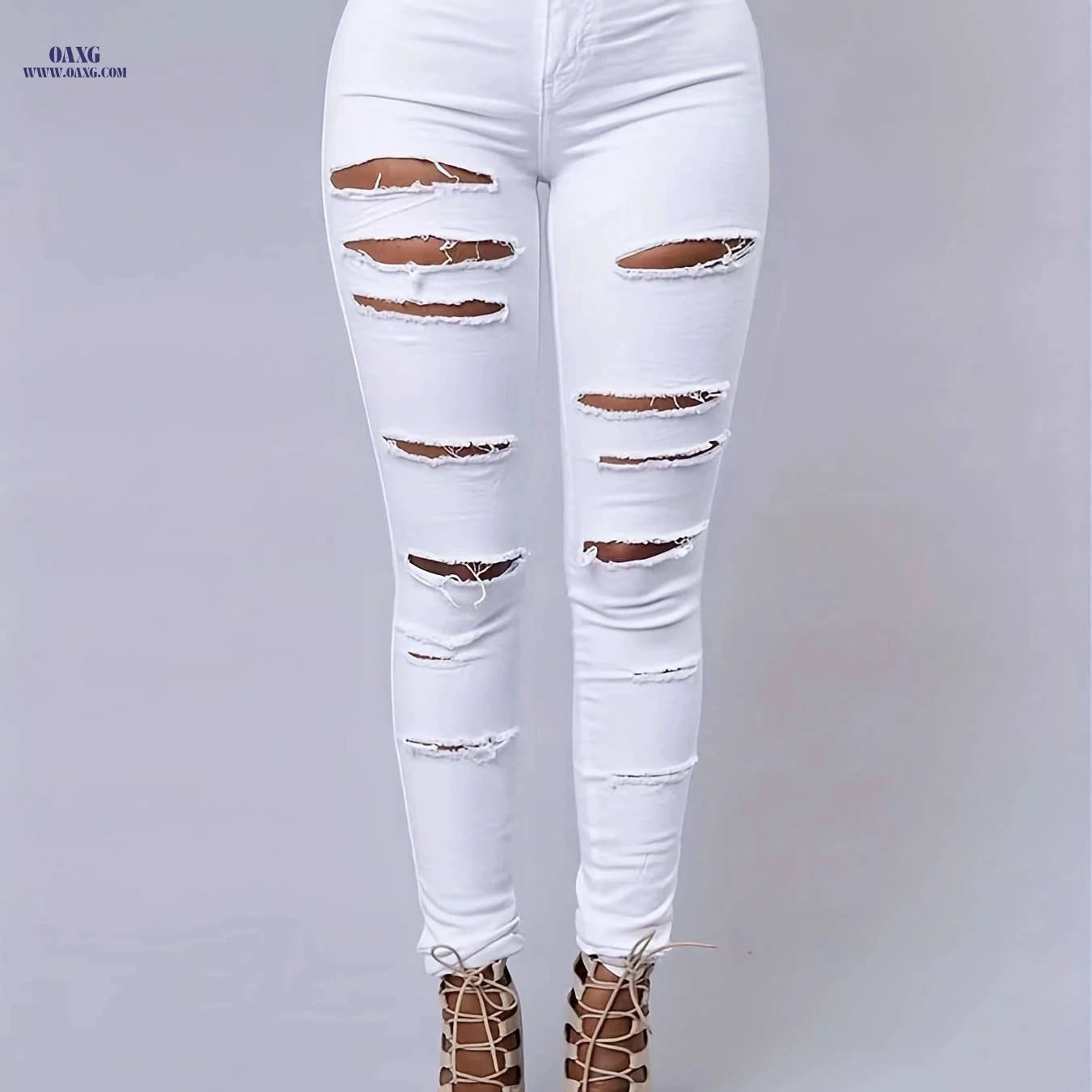 Women's Ripped High Stretch Distressed Jeans - Zipper Closure, Slim Fit   OAXG Black / XS