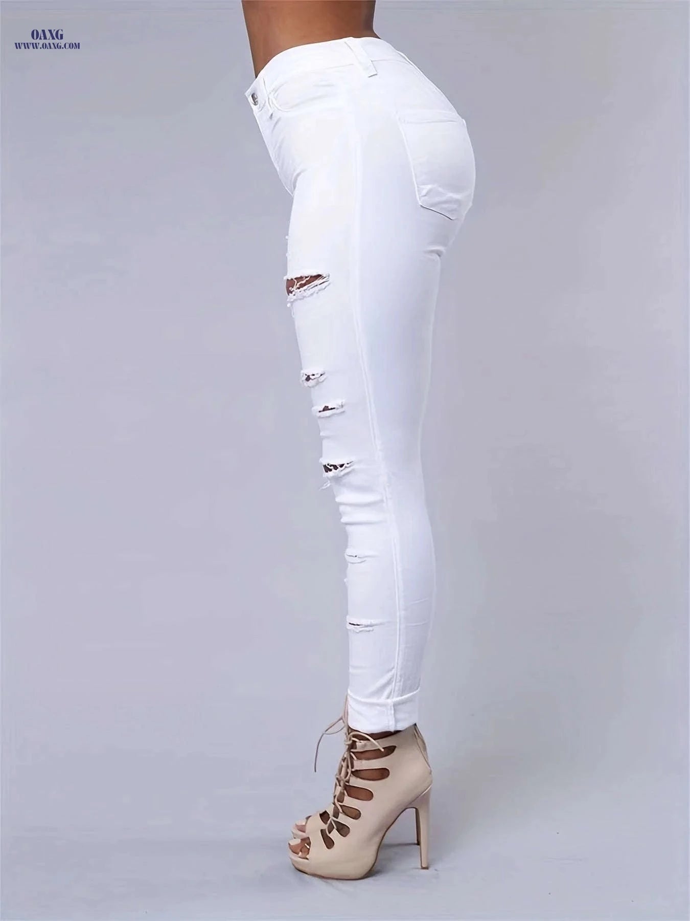 Women's Ripped High Stretch Distressed Jeans - Zipper Closure, Slim Fit   OAXG Black / XS