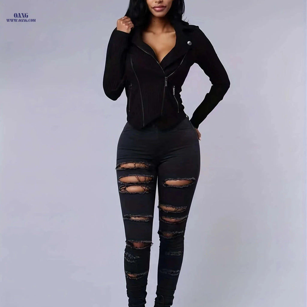 Women's Ripped High Stretch Distressed Jeans - Zipper Closure, Slim Fit   OAXG Black / XS