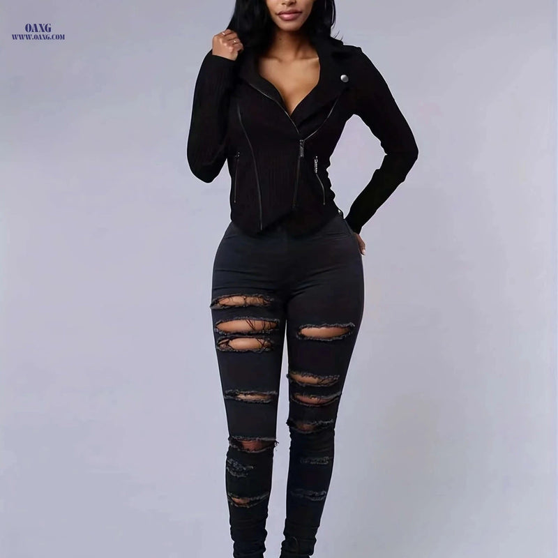 Women's Ripped High Stretch Distressed Jeans - Zipper Closure, Slim Fit   OAXG Black / XS