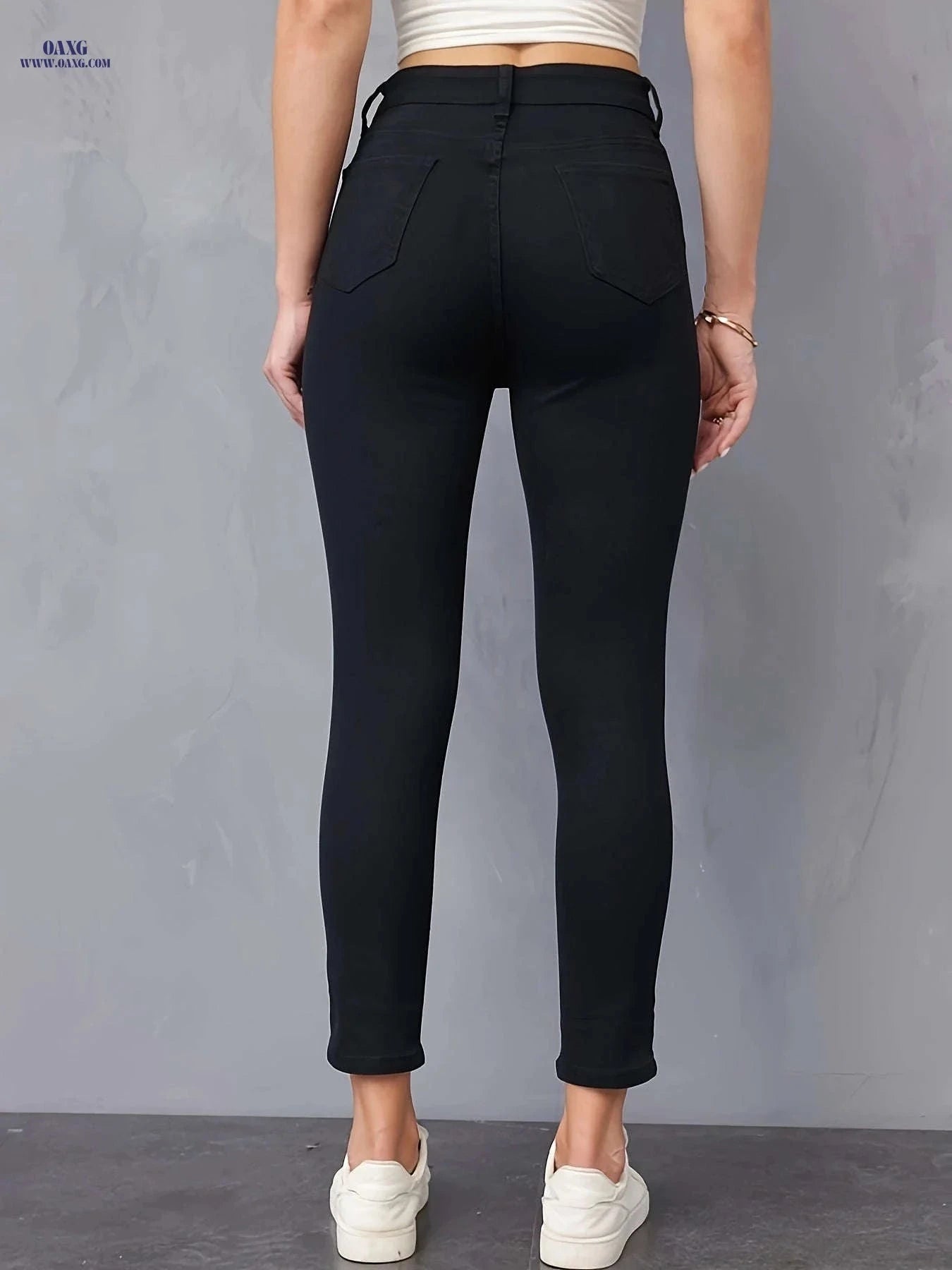 Women's Ripped Stretchy Long Jeans - Solid Color Casual Pants   OAXG Black / S
