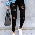 Women's Ripped Stretchy Long Jeans - Solid Color Casual Pants   OAXG Black / S