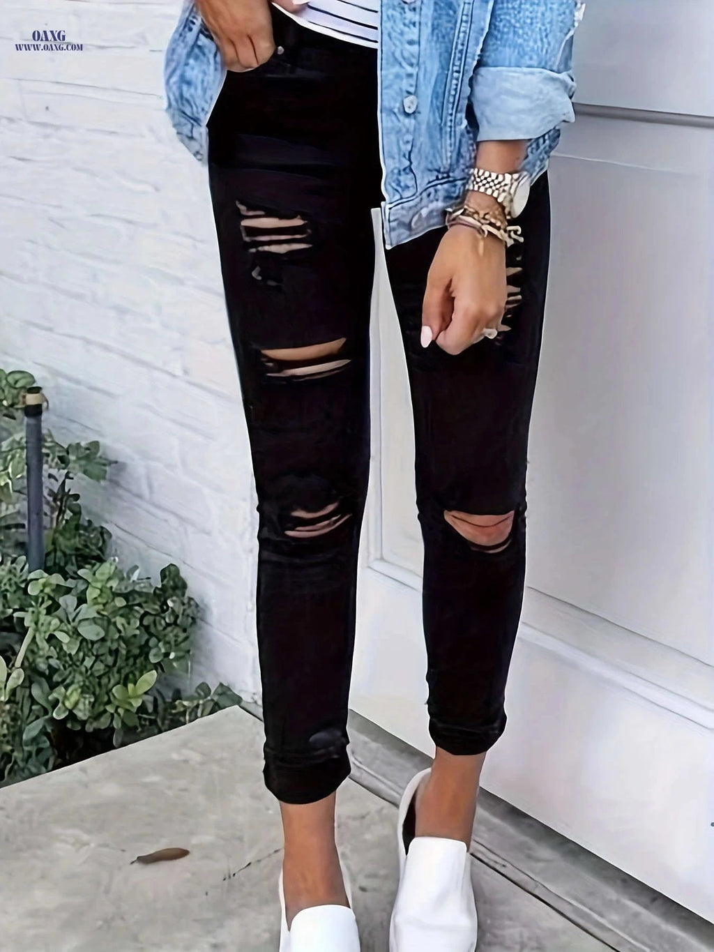 Women's Ripped Stretchy Long Jeans - Solid Color Casual Pants   OAXG Black / S