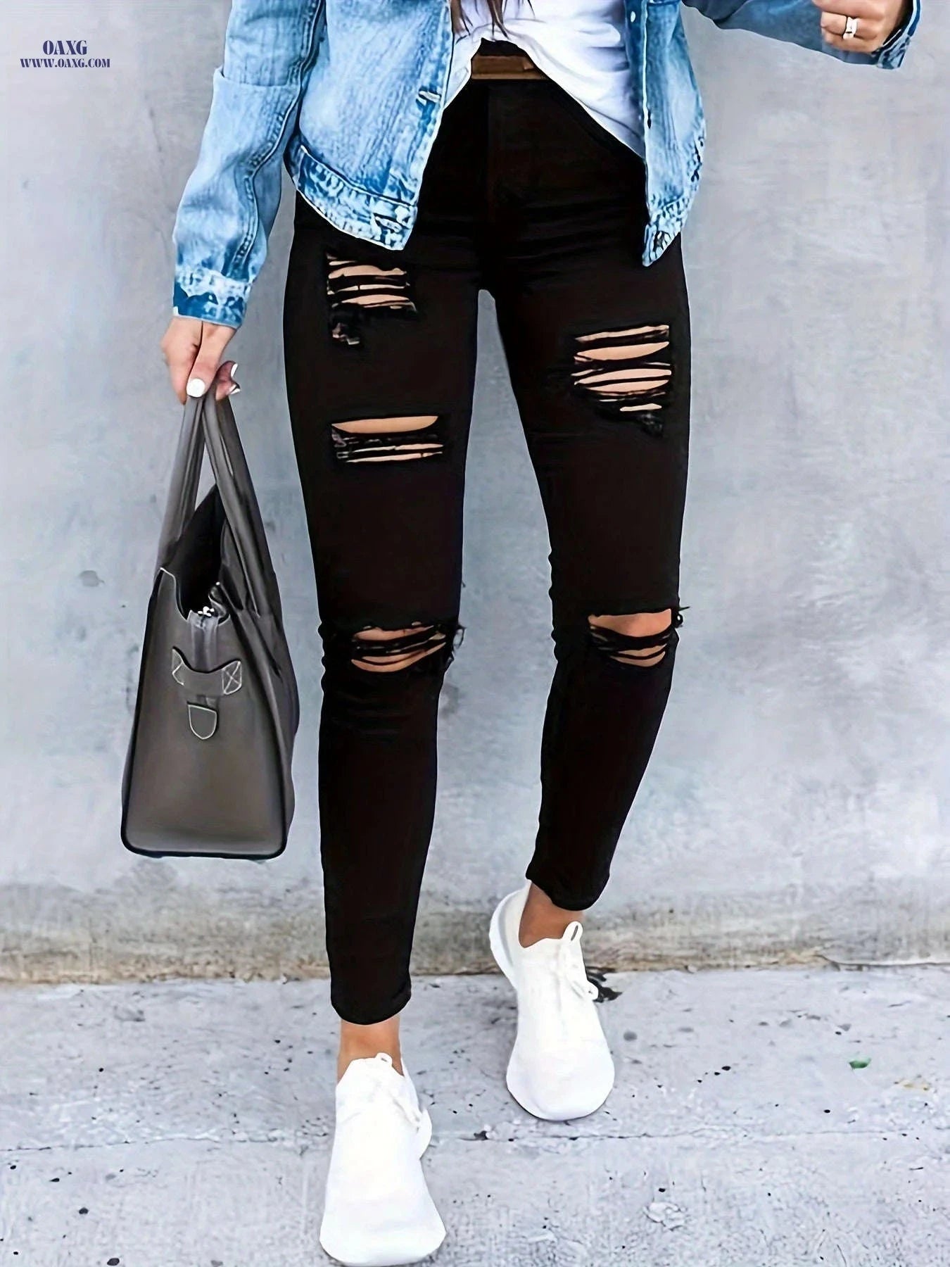 Women's Ripped Stretchy Long Jeans - Solid Color Casual Pants   OAXG Black / S