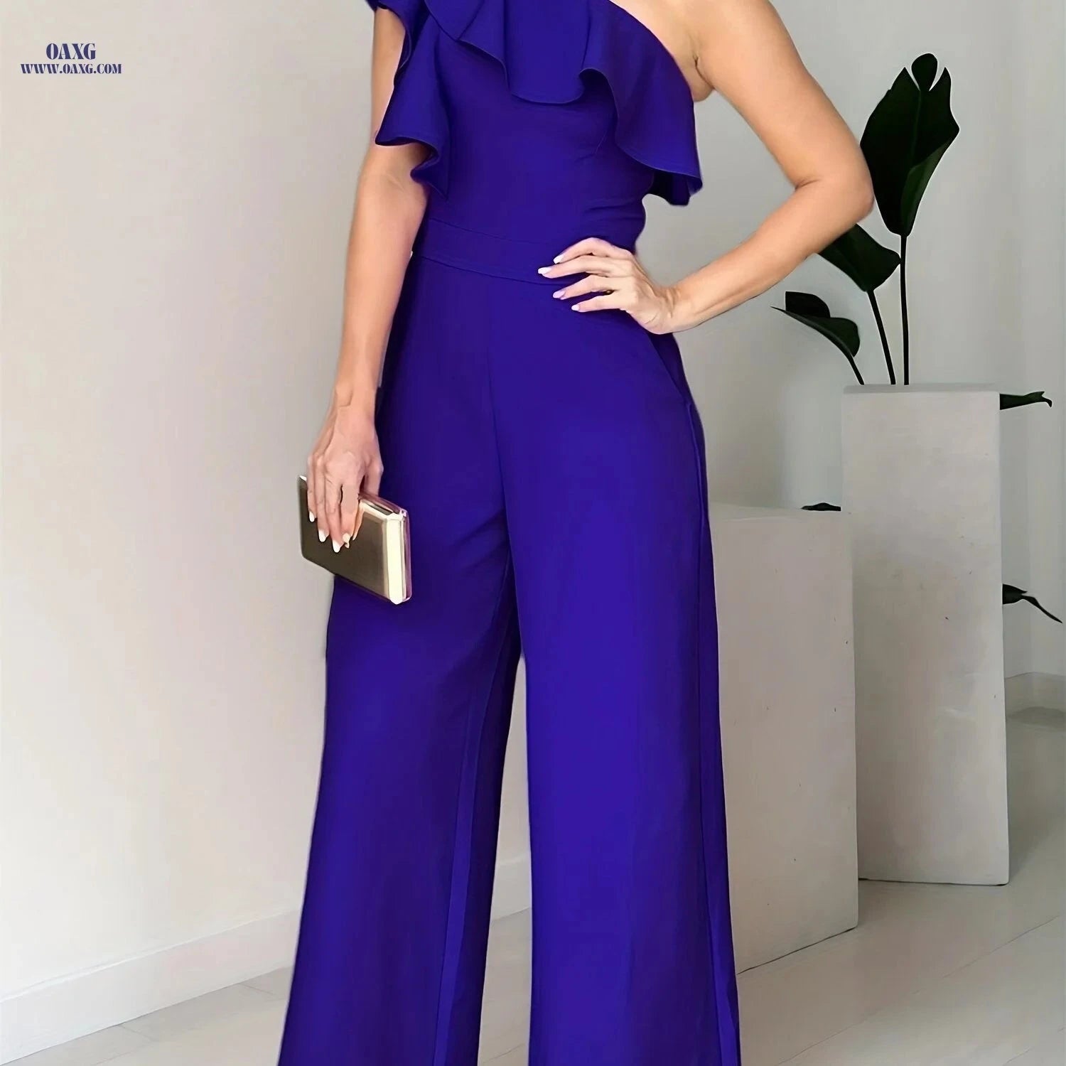 Women's Ruffle One-Shoulder Jumpsuit - High-Waist Elegant Style   OAXG Black / S