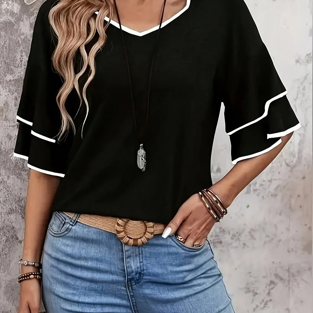 Women's Ruffle Short Sleeve Blouse Shirt - Solid Color Round Neck Top with Ruffle Trim Collar & Short Sleeves, Machine Washable Non-Stretch Suitable for Vacation, Beachwear, Casual & -Casual Outfits   OAXG Mixed colors / S