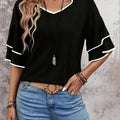 Women's Ruffle Short Sleeve Blouse Shirt - Solid Color Round Neck Top with Ruffle Trim Collar & Short Sleeves, Machine Washable Non-Stretch Suitable for Vacation, Beachwear, Casual & -Casual Outfits   OAXG Mixed colors / S