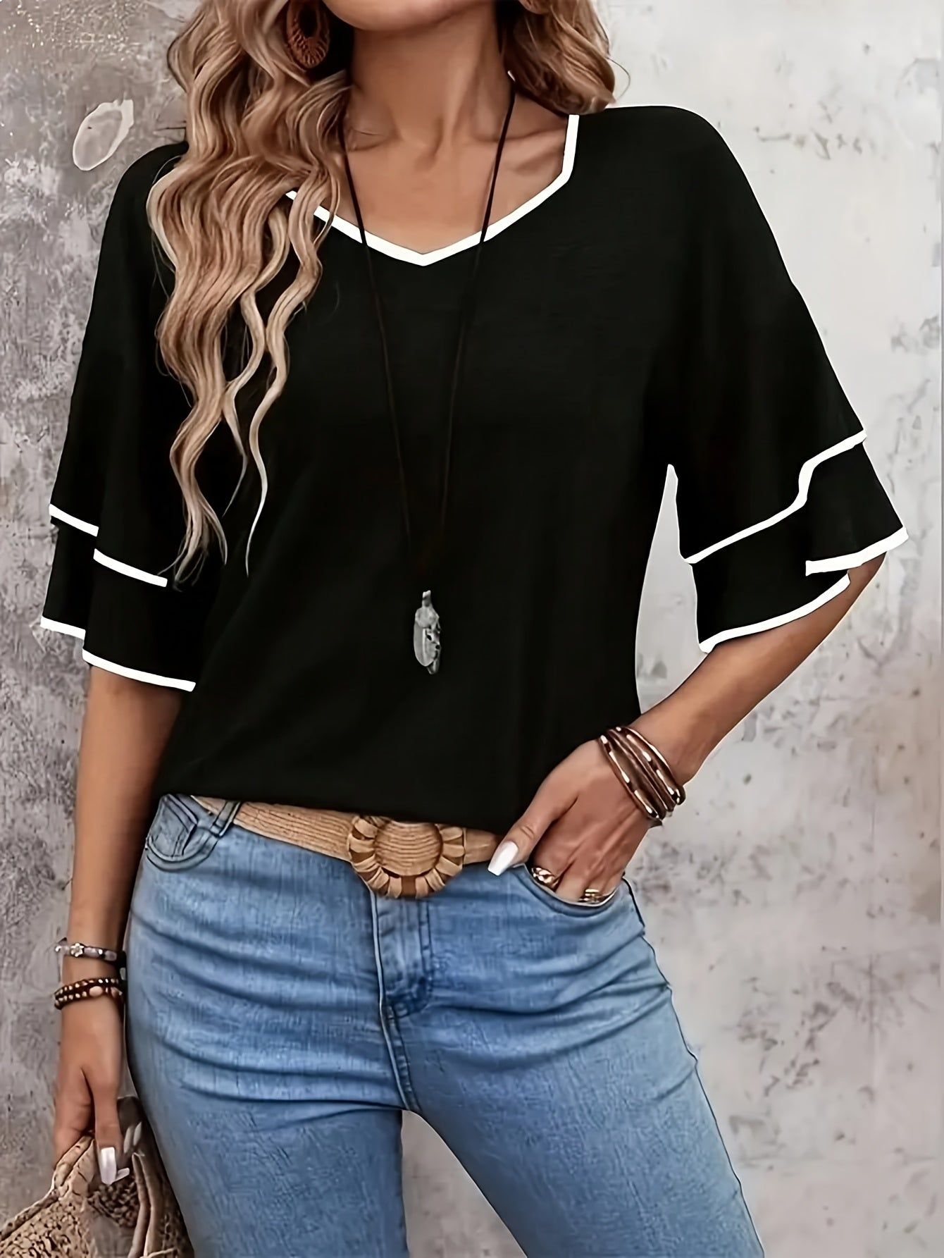 Women's Ruffle Short Sleeve Blouse Shirt - Solid Color Round Neck Top with Ruffle Trim Collar & Short Sleeves, Machine Washable Non-Stretch Suitable for Vacation, Beachwear, Casual & -Casual Outfits   OAXG Mixed colors / S