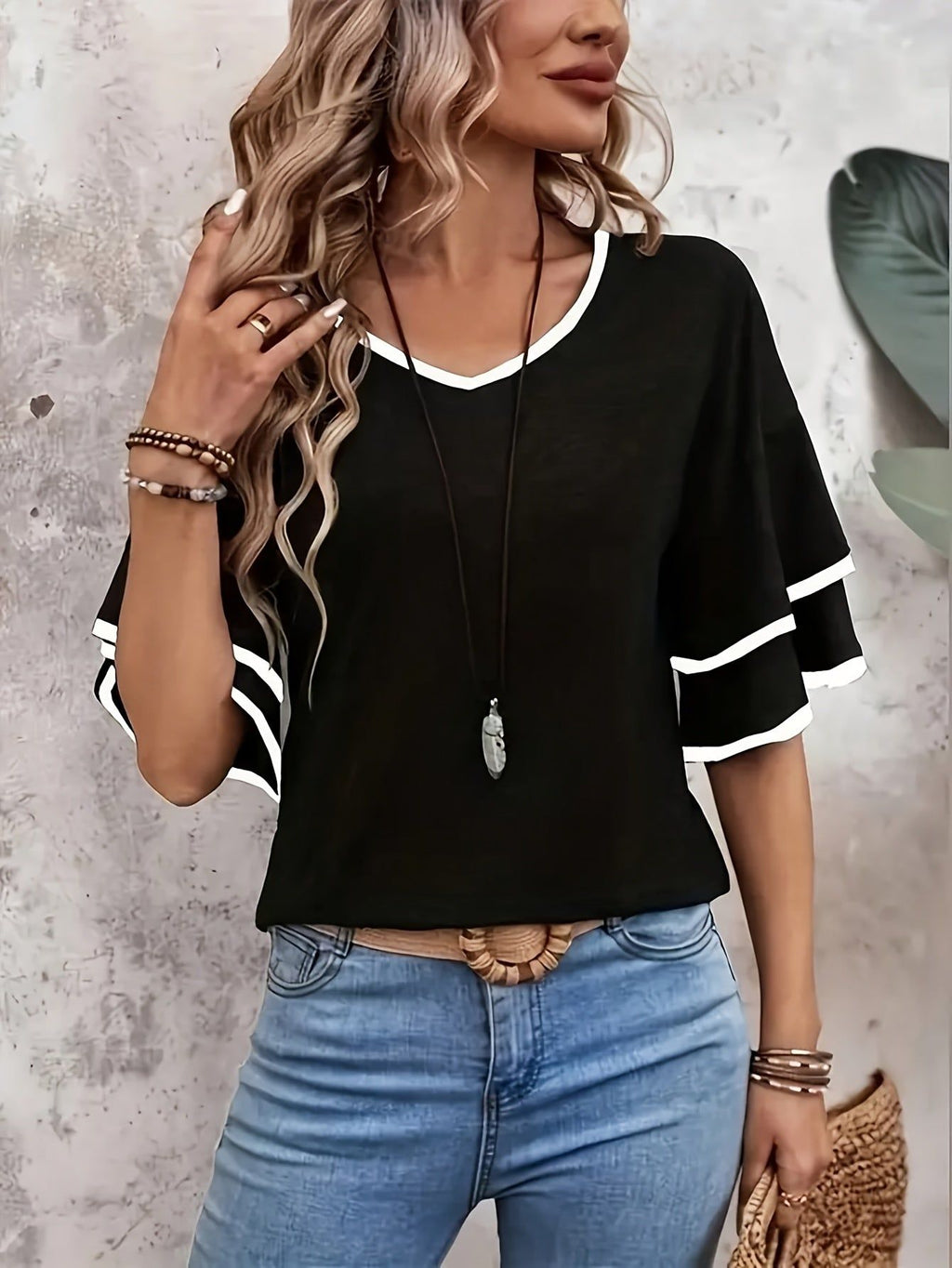 Women's Ruffle Short Sleeve Blouse Shirt - Solid Color Round Neck Top with Ruffle Trim Collar & Short Sleeves, Machine Washable Non-Stretch Suitable for Vacation, Beachwear, Casual & -Casual Outfits   OAXG Mixed colors / S