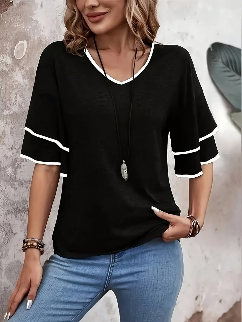 Women's Ruffle Short Sleeve Blouse Shirt - Solid Color Round Neck Top with Ruffle Trim Collar & Short Sleeves, Machine Washable Non-Stretch Suitable for Vacation, Beachwear, Casual & -Casual Outfits   OAXG Mixed colors / S