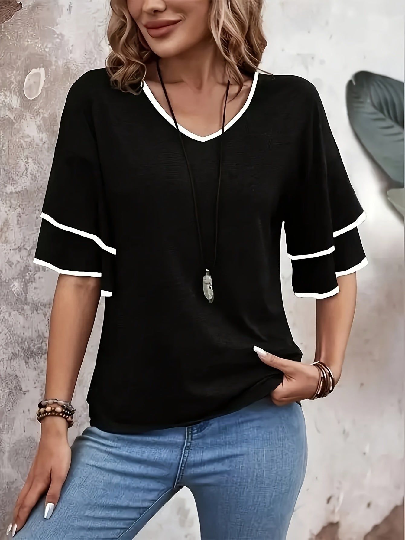 Women's Ruffle Short Sleeve Blouse Shirt - Solid Color Round Neck Top with Ruffle Trim Collar & Short Sleeves, Machine Washable Non-Stretch Suitable for Vacation, Beachwear, Casual & -Casual Outfits   OAXG Mixed colors / S