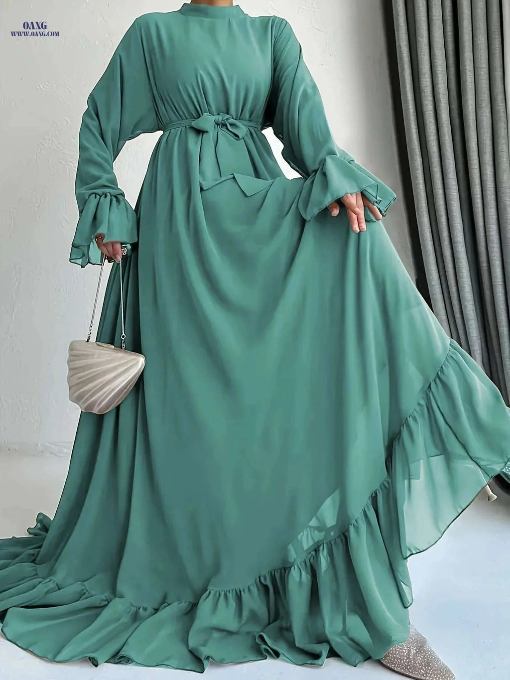 Women's Ruffled Sleeve Maxi Dress - Middle Eastern-Inspired, 100% Polyester   OAXG 