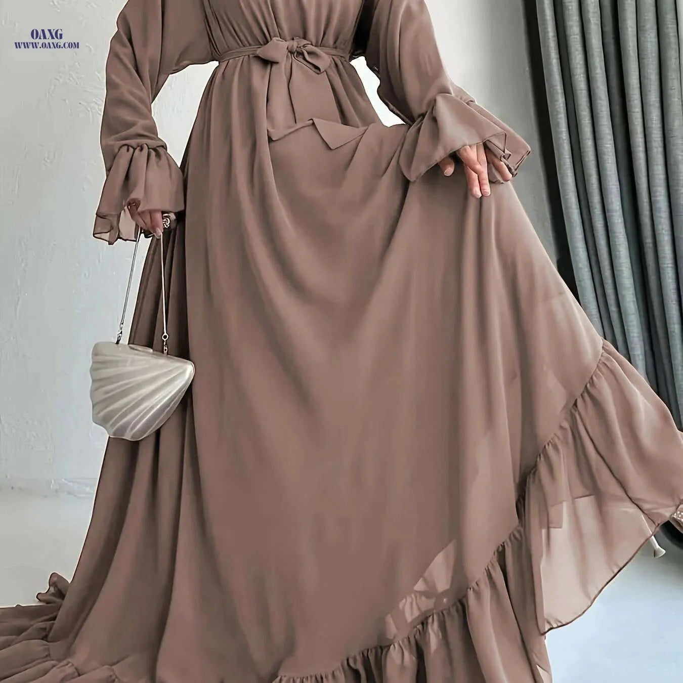 Women's Ruffled Sleeve Maxi Dress - Middle Eastern-Inspired, 100% Polyester   OAXG 