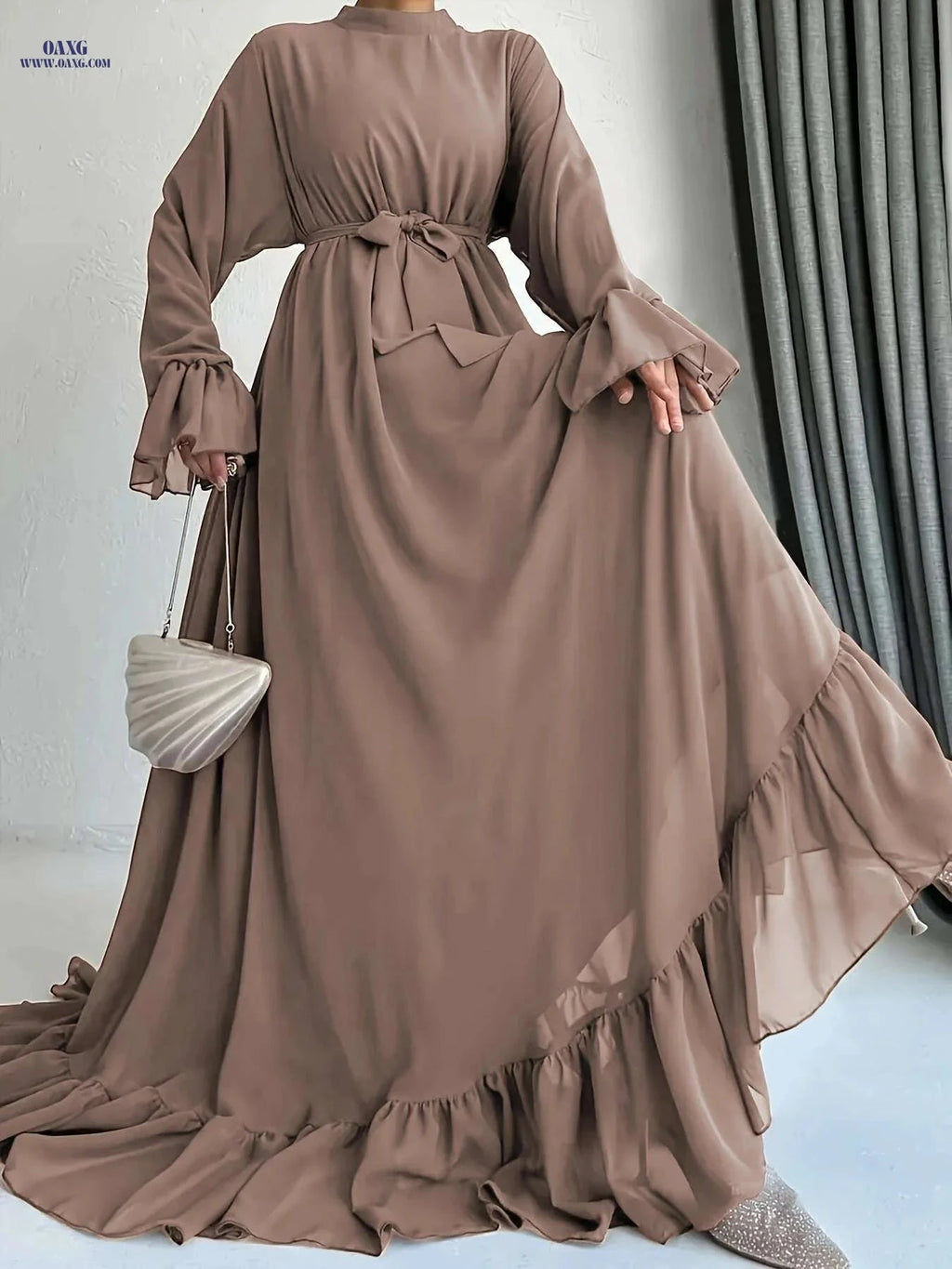 Women's Ruffled Sleeve Maxi Dress - Middle Eastern-Inspired, 100% Polyester   OAXG 