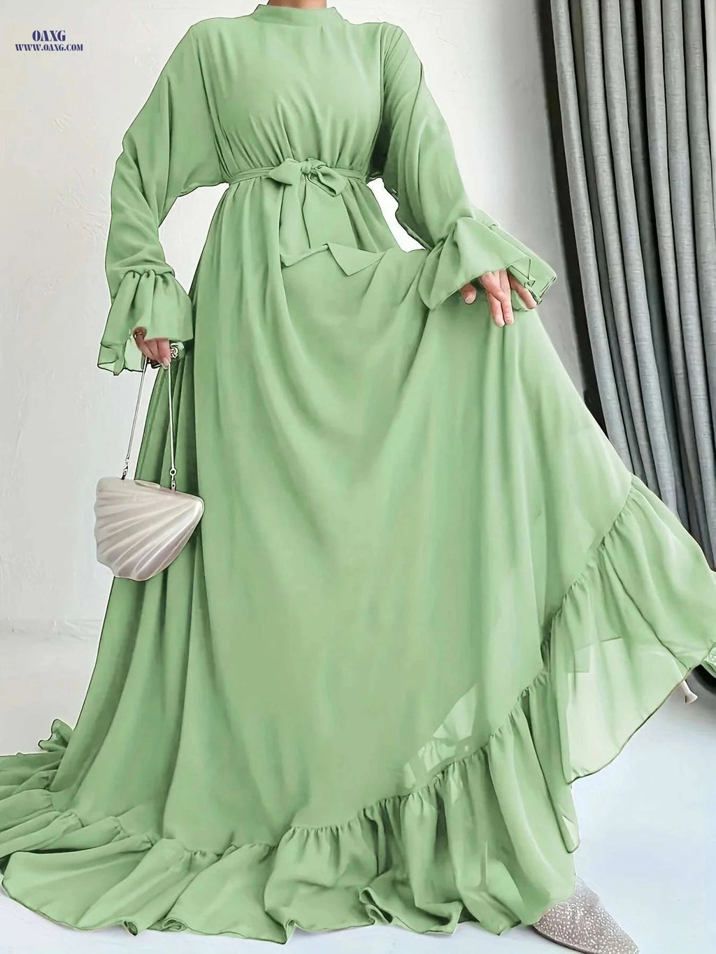 Women's Ruffled Sleeve Maxi Dress - Middle Eastern-Inspired, 100% Polyester   OAXG 
