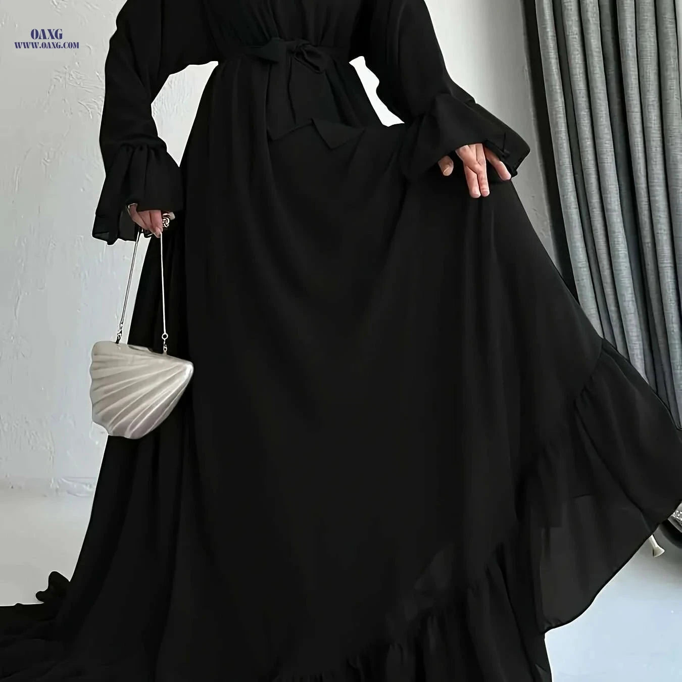 Women's Ruffled Sleeve Maxi Dress - Middle Eastern-Inspired, 100% Polyester   OAXG 