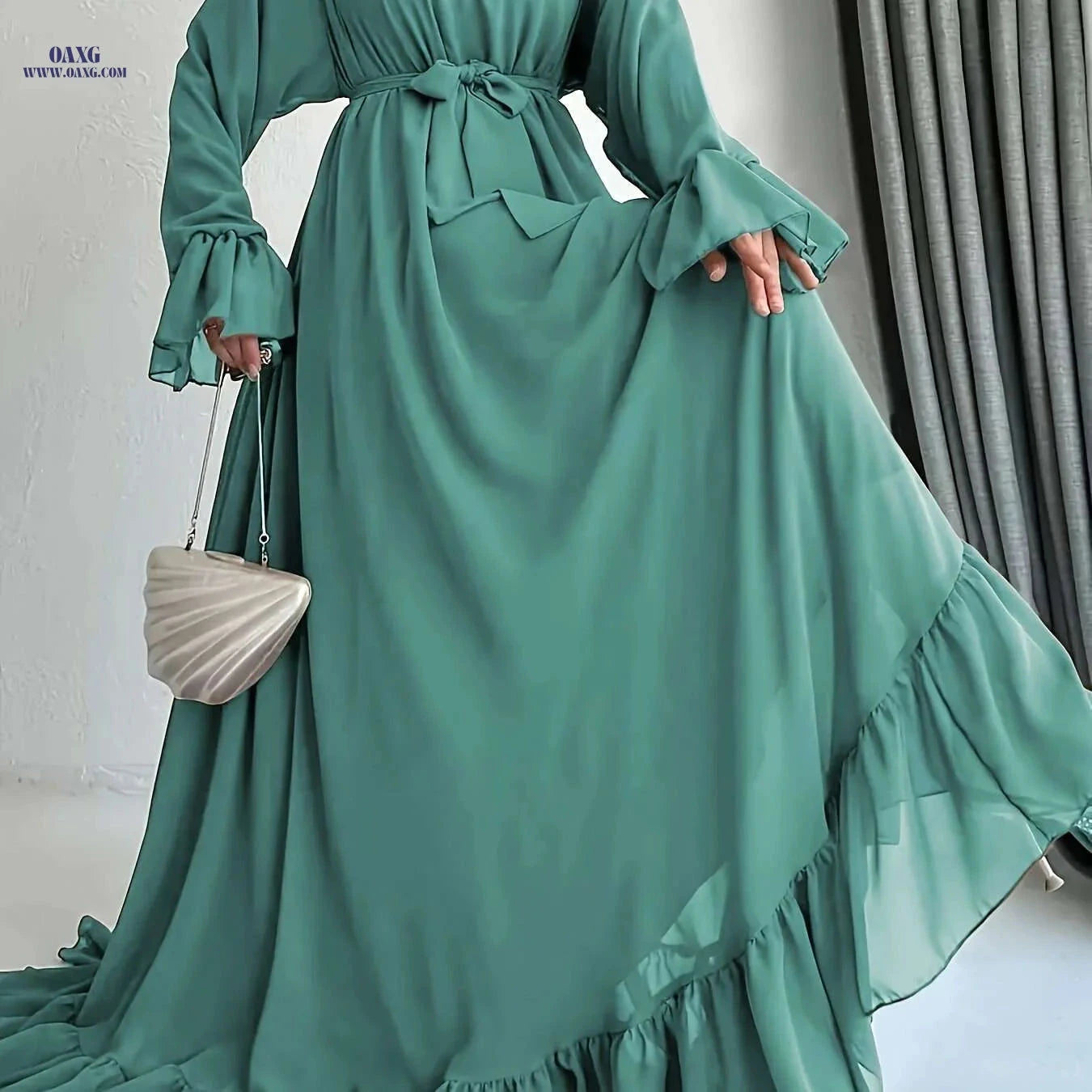 Women's Ruffled Sleeve Maxi Dress - Middle Eastern-Inspired, 100% Polyester   OAXG 