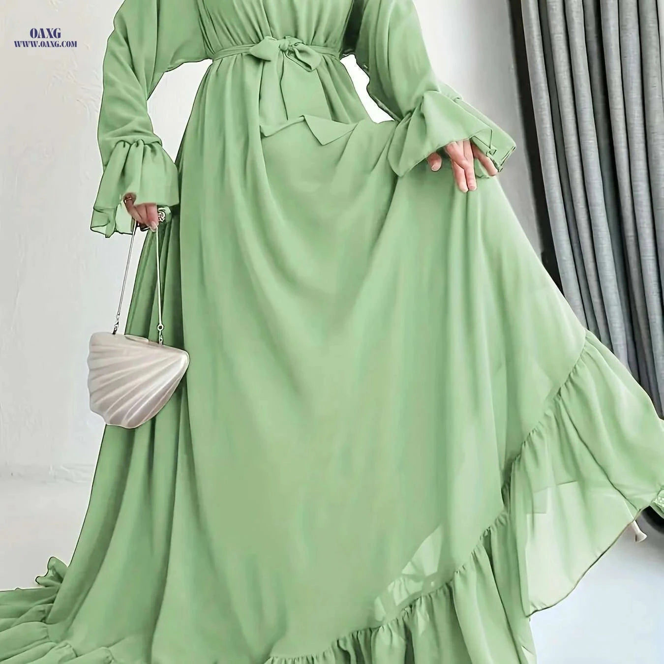 Women's Ruffled Sleeve Maxi Dress - Middle Eastern-Inspired, 100% Polyester   OAXG Yellow-green / S
