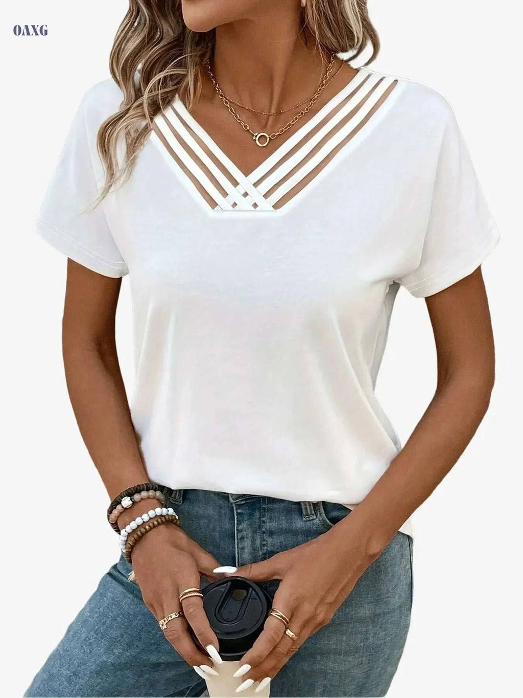 Women's Semi-Sheer V-Neck Top - Casual Cross Neckline Blouse   OAXG 