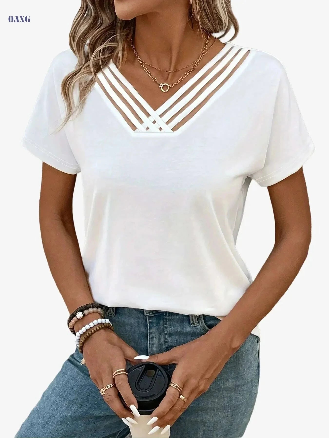 Women's Semi-Sheer V-Neck Top - Casual Cross Neckline Blouse   OAXG 