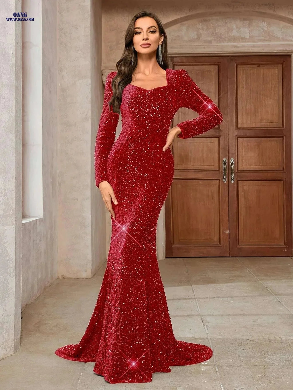 Women's Sequin Mermaid Evening Gown - Slim Fit, Low Neckline Dress   OAXG Black / XS