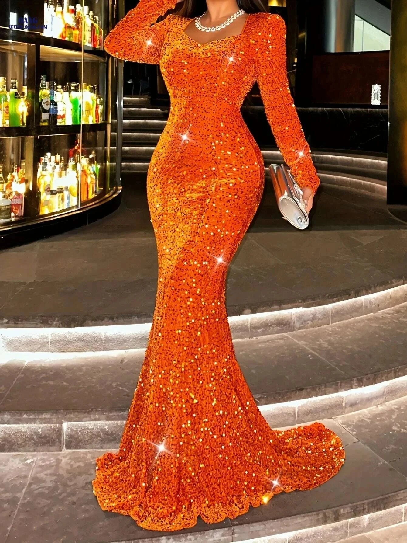 Women's Sequin Mermaid Evening Gown - Slim Fit, Low Neckline Dress   OAXG Black / XS