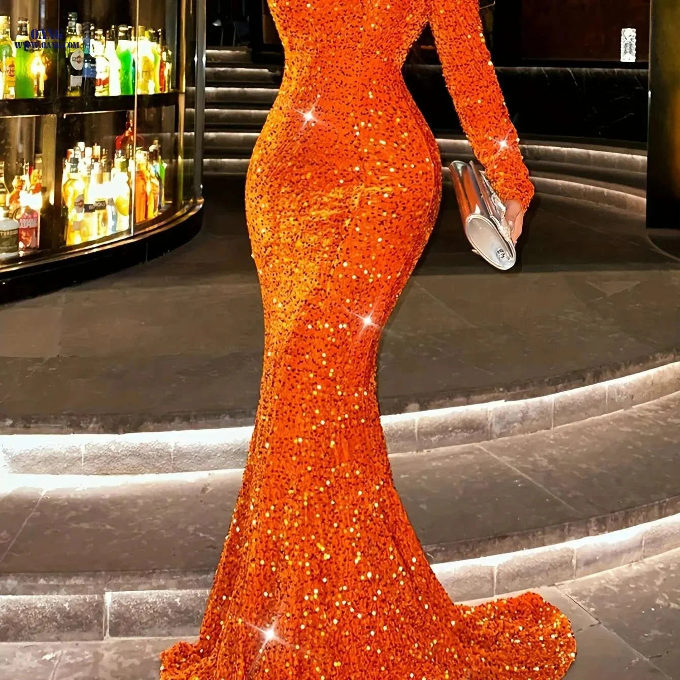 Women's Sequin Mermaid Evening Gown - Slim Fit, Low Neckline Dress   OAXG Black / XS