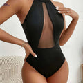 Women's Sexy Black Mesh Panel Bodysuit - Sleeveless Spring/Fall Design   OAXG Black / S