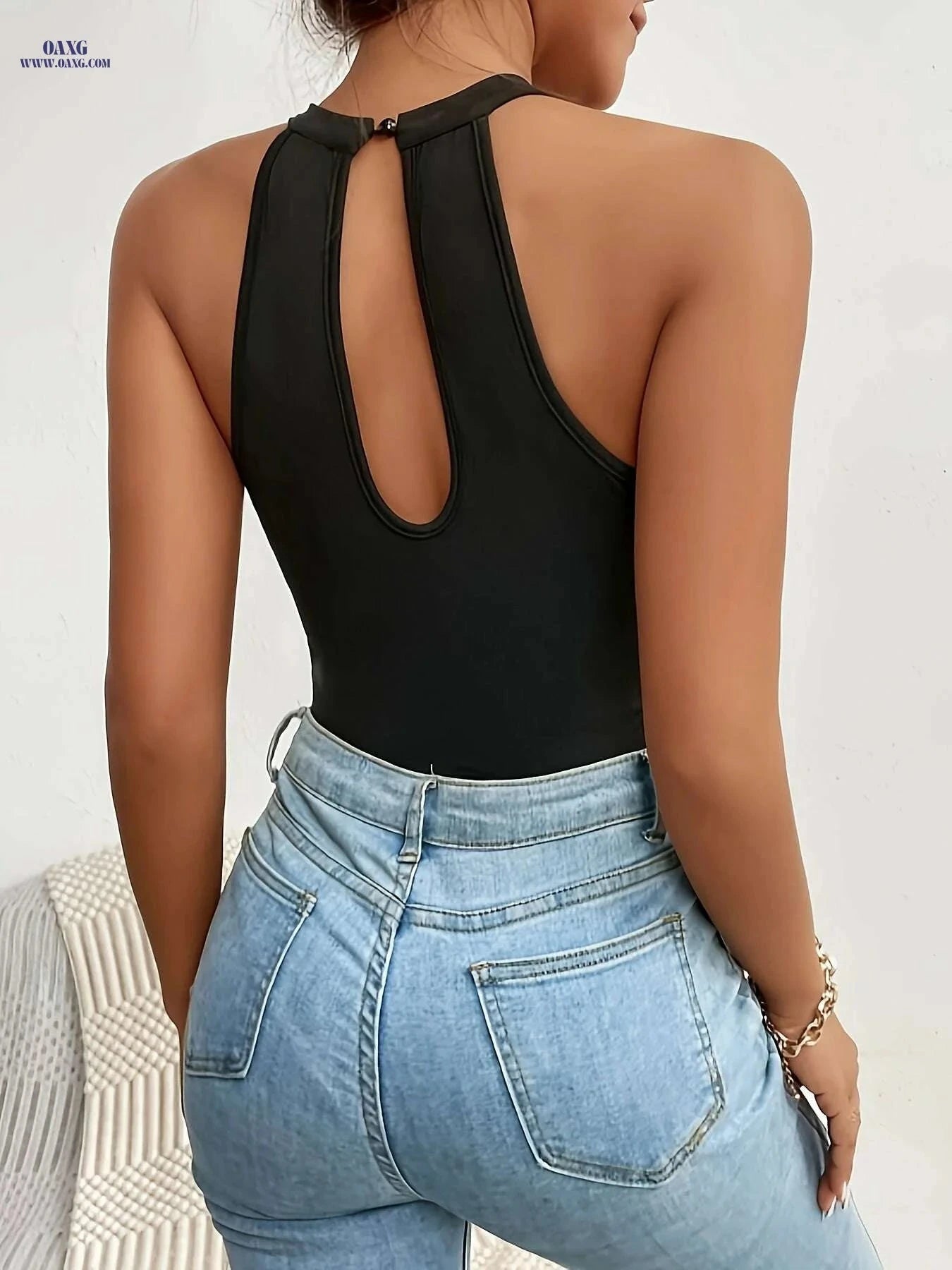 Women's Sexy Black Mesh Panel Bodysuit - Sleeveless Spring/Fall Design   OAXG Black / S