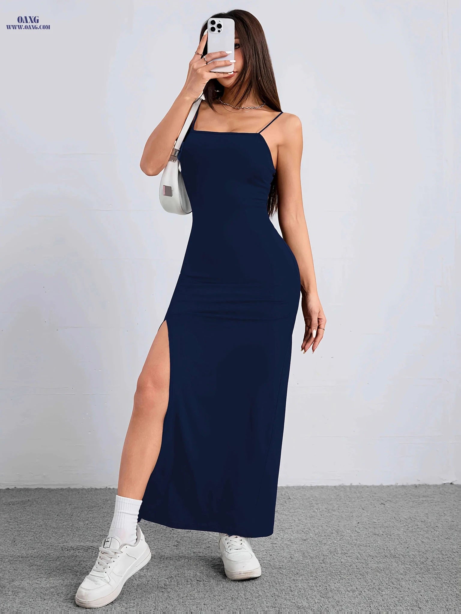 Women's Sexy High-Slit Bodycon Maxi Dress - Spaghetti Strap, Solid Color   OAXG Black / XS