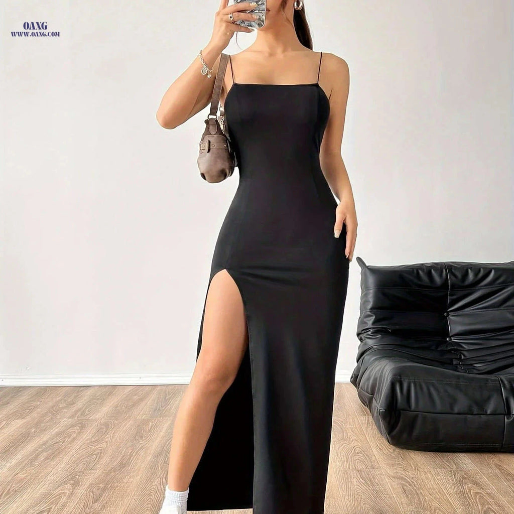 Women's Sexy High-Slit Bodycon Maxi Dress - Spaghetti Strap, Solid Color   OAXG Black / XS
