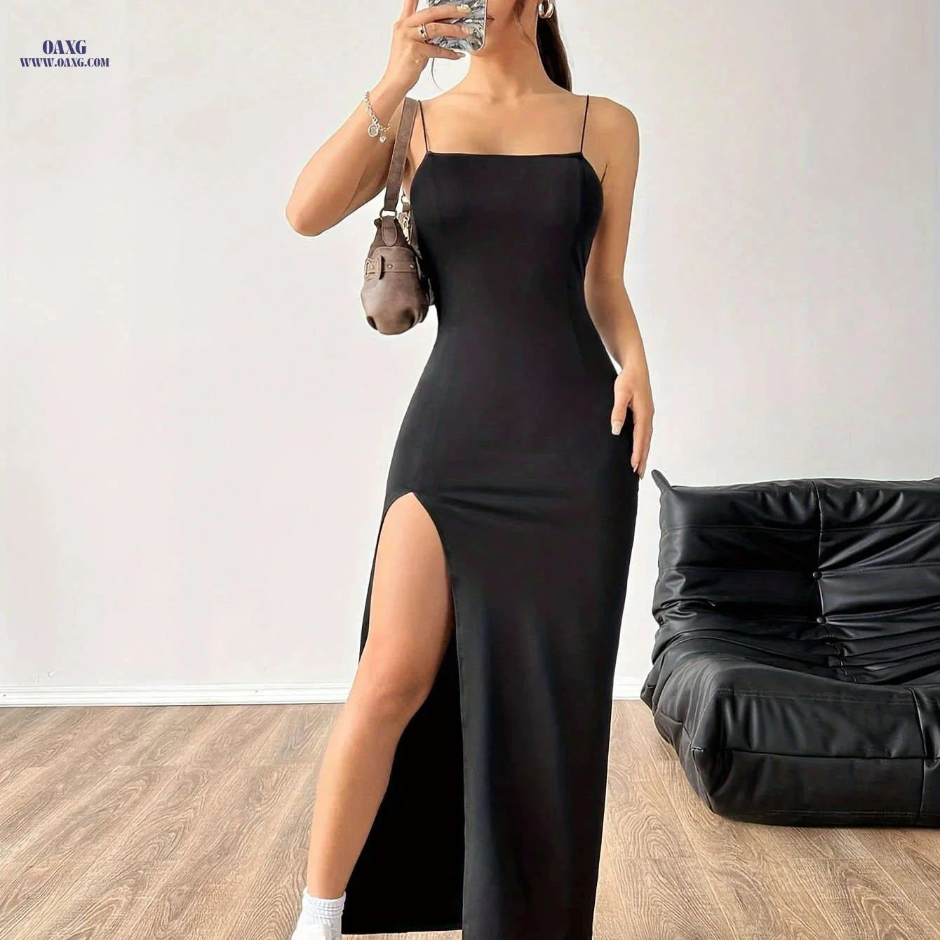 Women's Sexy High-Slit Bodycon Maxi Dress - Spaghetti Strap, Solid Color   OAXG Black / XS