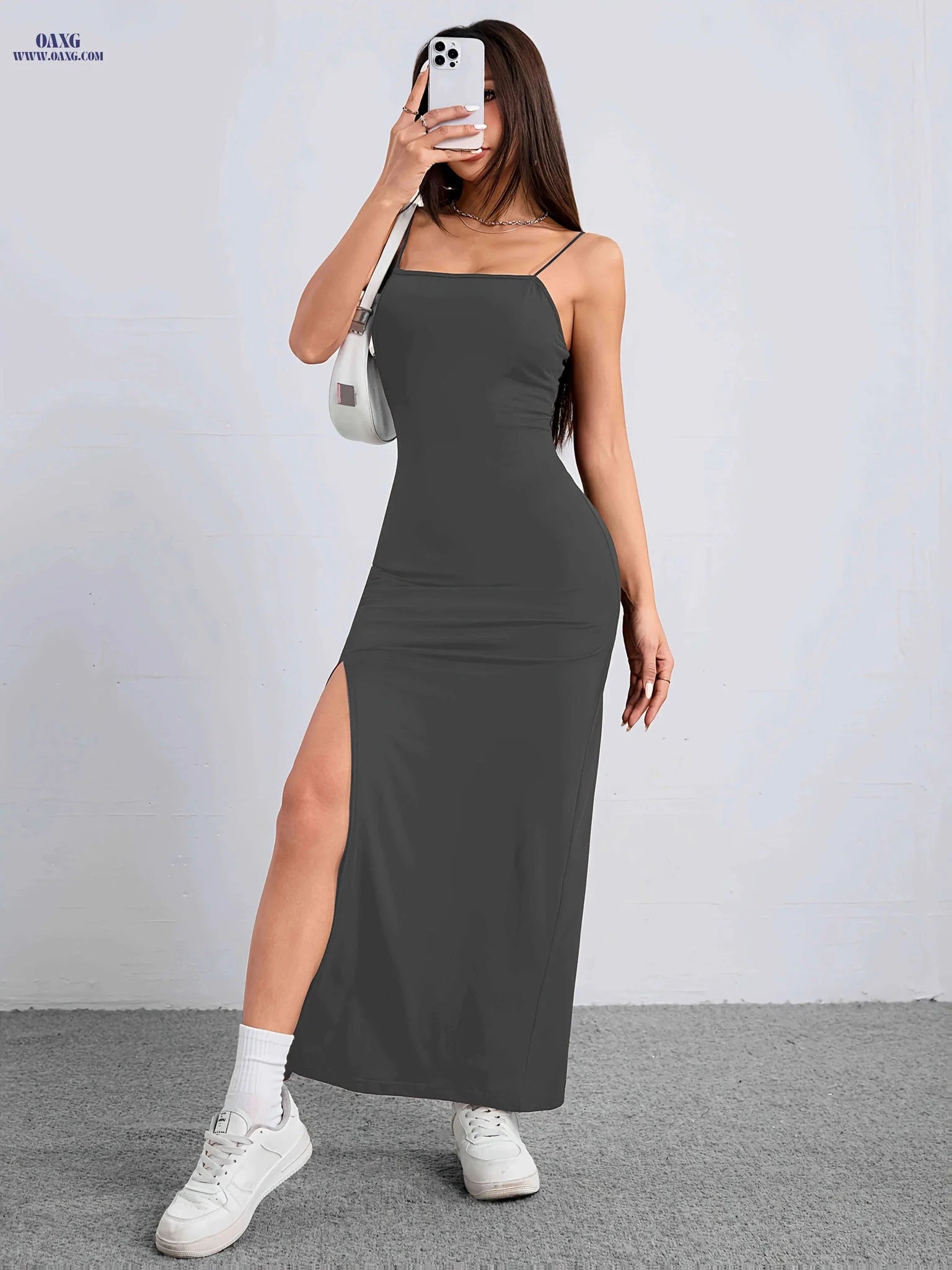 Women's Sexy High-Slit Bodycon Maxi Dress - Spaghetti Strap, Solid Color   OAXG Black / XS