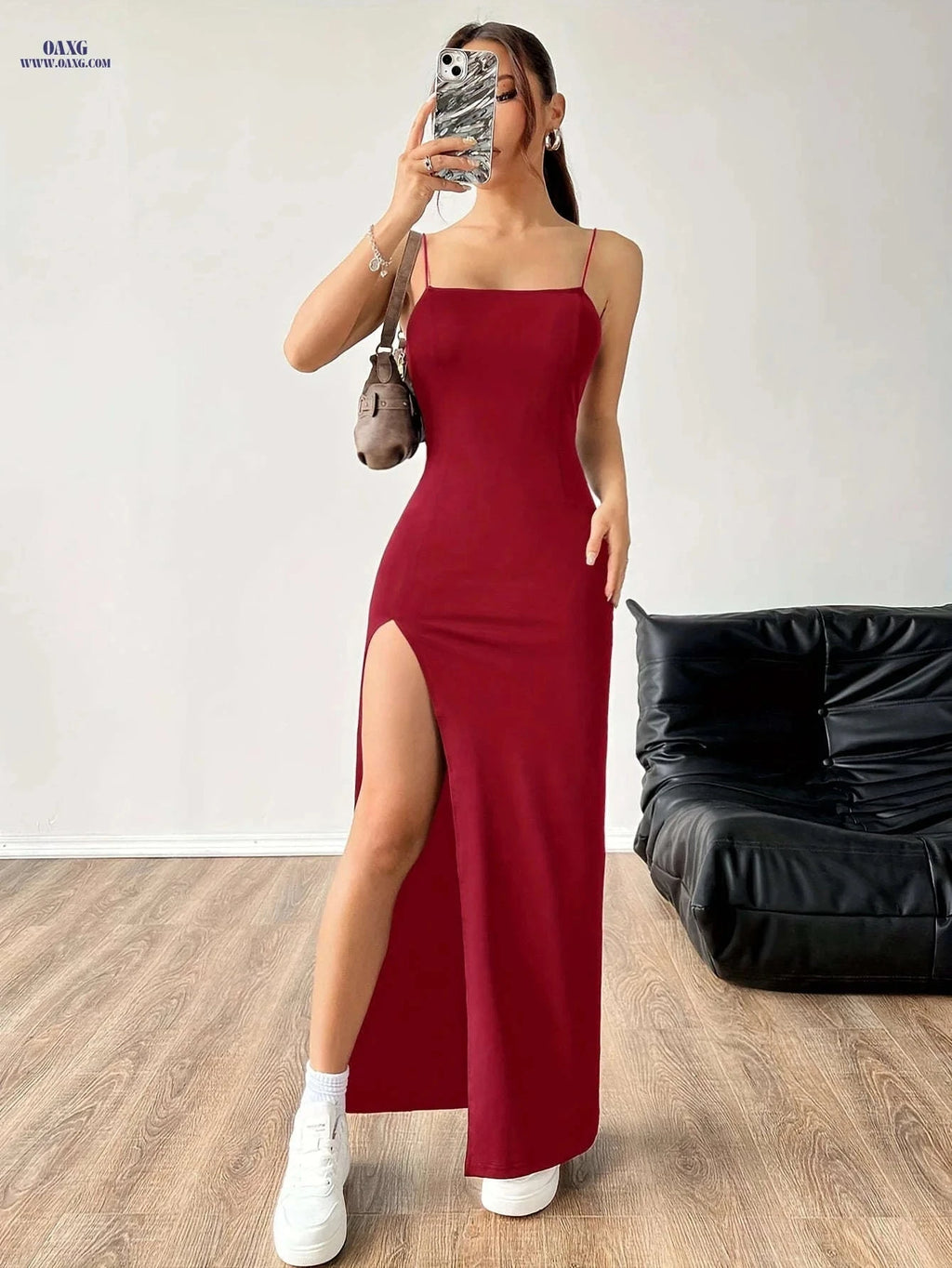 Women's Sexy High-Slit Bodycon Maxi Dress - Spaghetti Strap, Solid Color   OAXG Black / XS