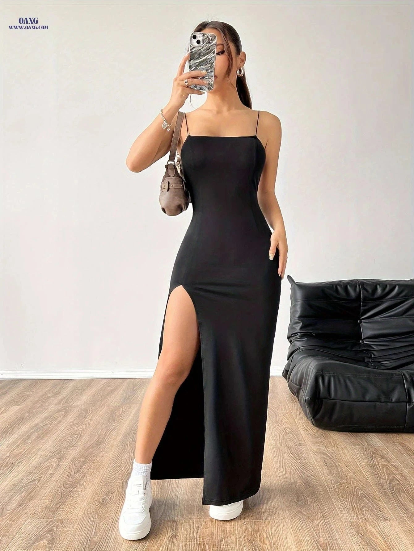 Women's Sexy High-Slit Bodycon Maxi Dress - Spaghetti Strap, Solid Color   OAXG Black / XS