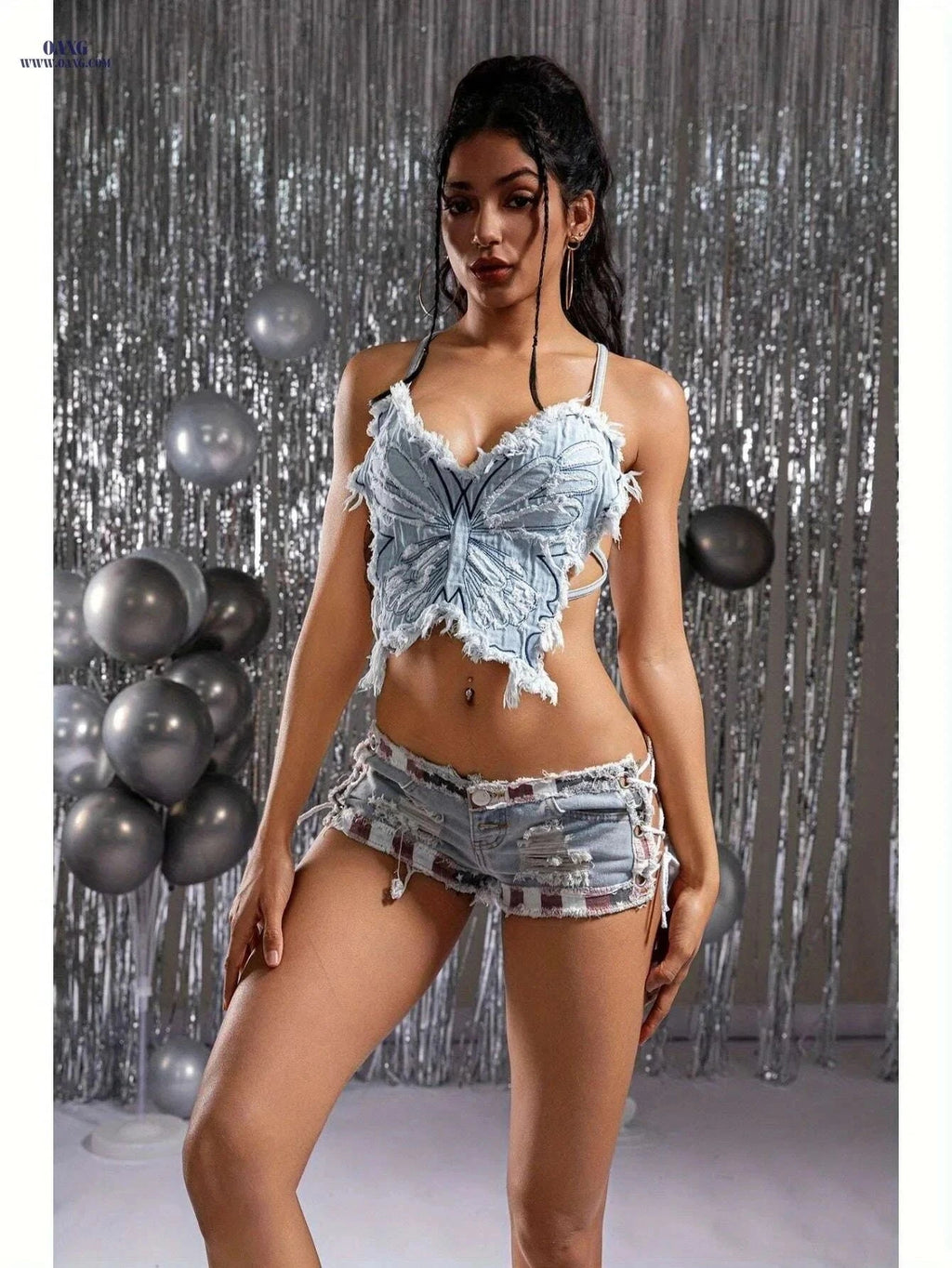 Women's Sexy Low Rise Mini Ripped Jeans Shorts - Lace Up Beach Style   OAXG Mixed Color / S